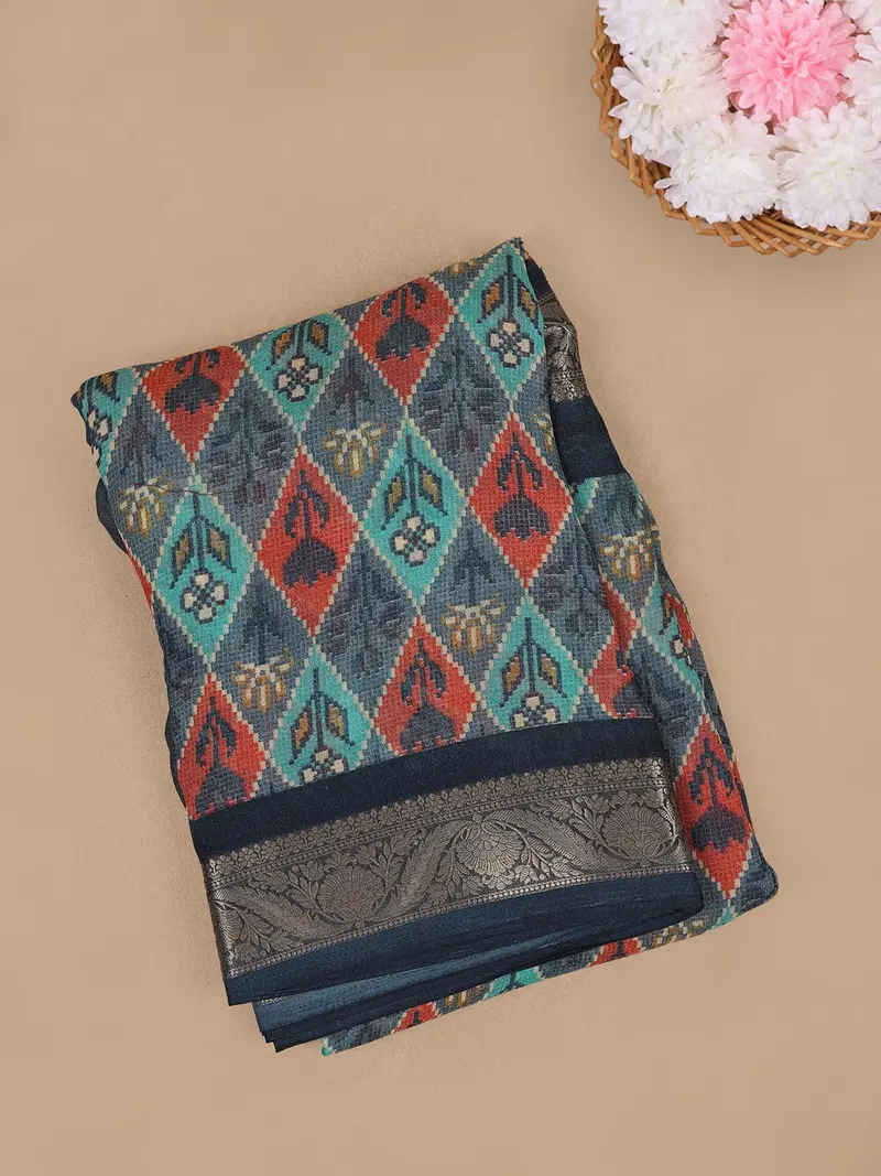 Navy Blue Multicolor Diamond Ikat Design Linen Cotton Saree 1