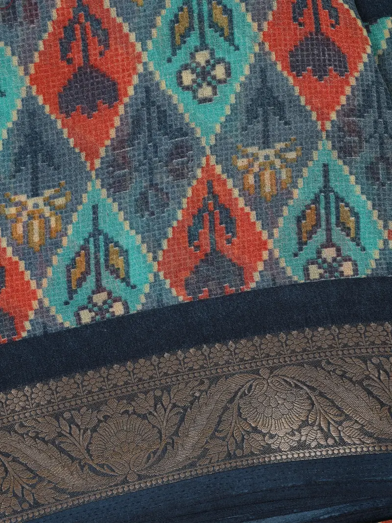 Navy Blue Multicolor Diamond Ikat Design Linen Cotton Saree 2