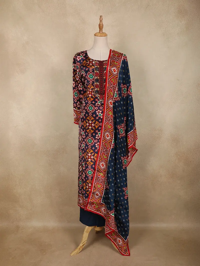 Navy Blue Multicolor Ikat Printed Crepe Salwar Suit With Dupatta 1