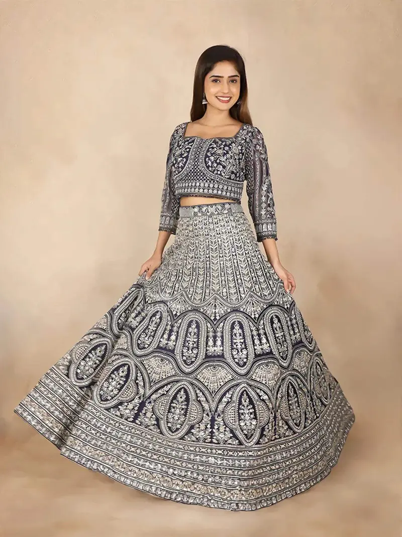Navy Blue Net Bridal Lehenga With Floral Embroidery 1