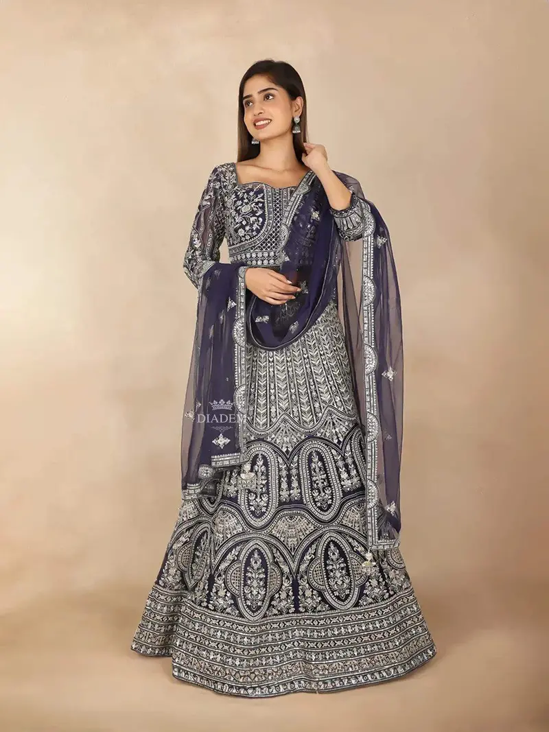 Navy Blue Net Bridal Lehenga With Floral Embroidery 2