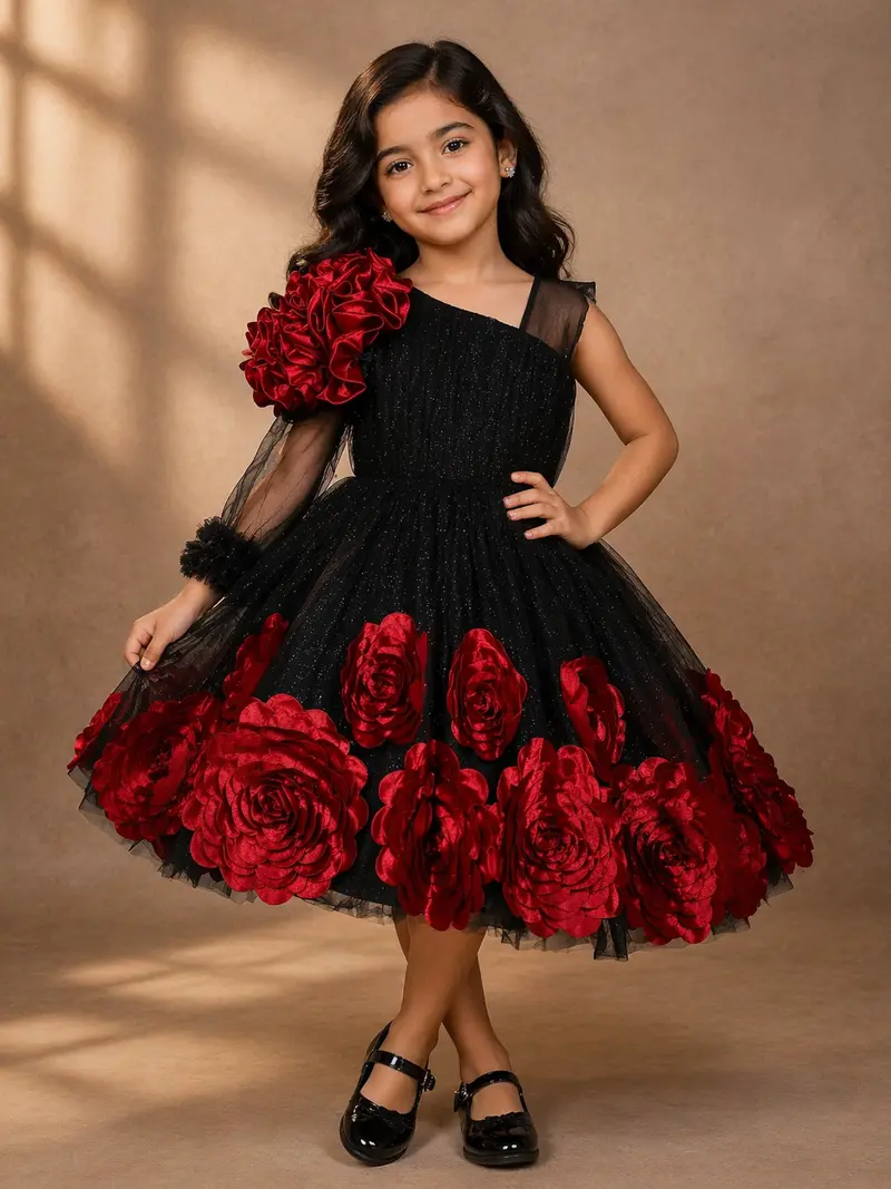 Navy Blue Net Gown Embellished With 3D Flowers And One-Side Ruffle Sleeves 1