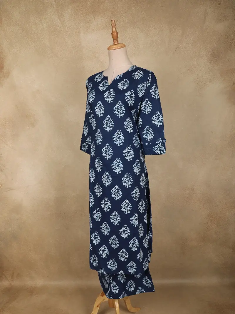 Navy Blue Paisley Butta Design Cotton Co-Ord Set 3