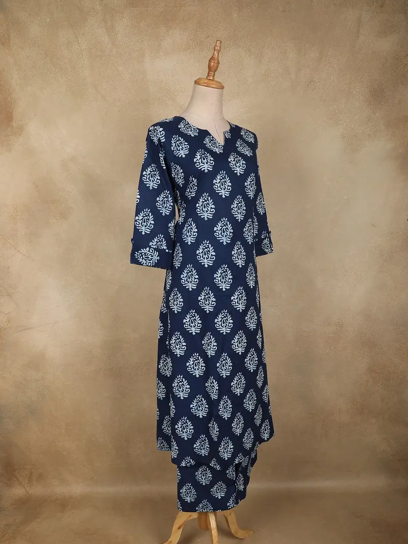 Navy Blue Paisley Butta Design Cotton Co-Ord Set 4