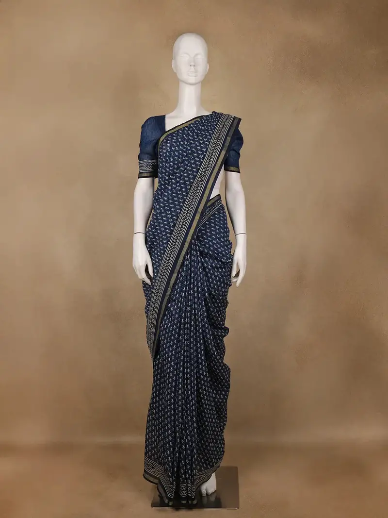 Navy Blue Paisley Design Cotton Saree With Zari Border 1