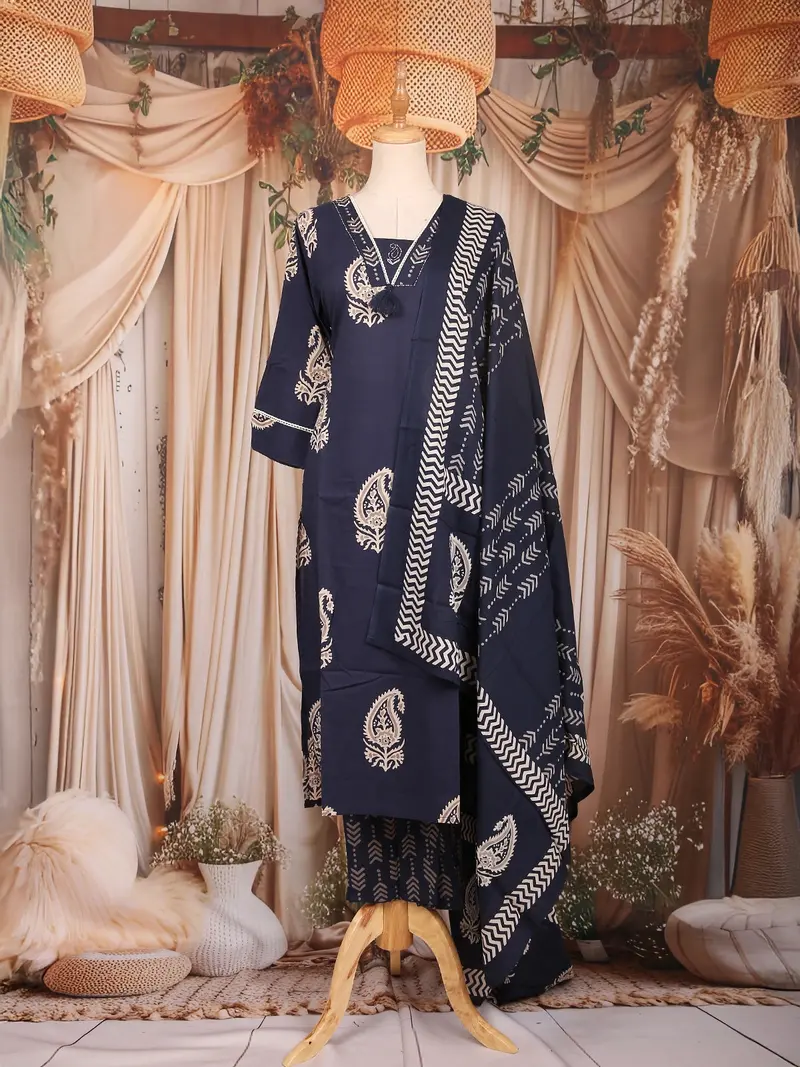 Navy Blue Paisley Designed Cotton Salwar Suit 1
