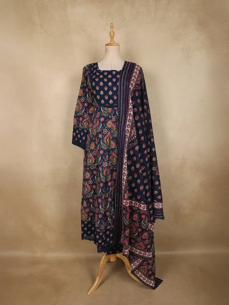 Navy Blue Paisley Printed Design Cotton Anarkali Salwar Suit With Dupatta 1