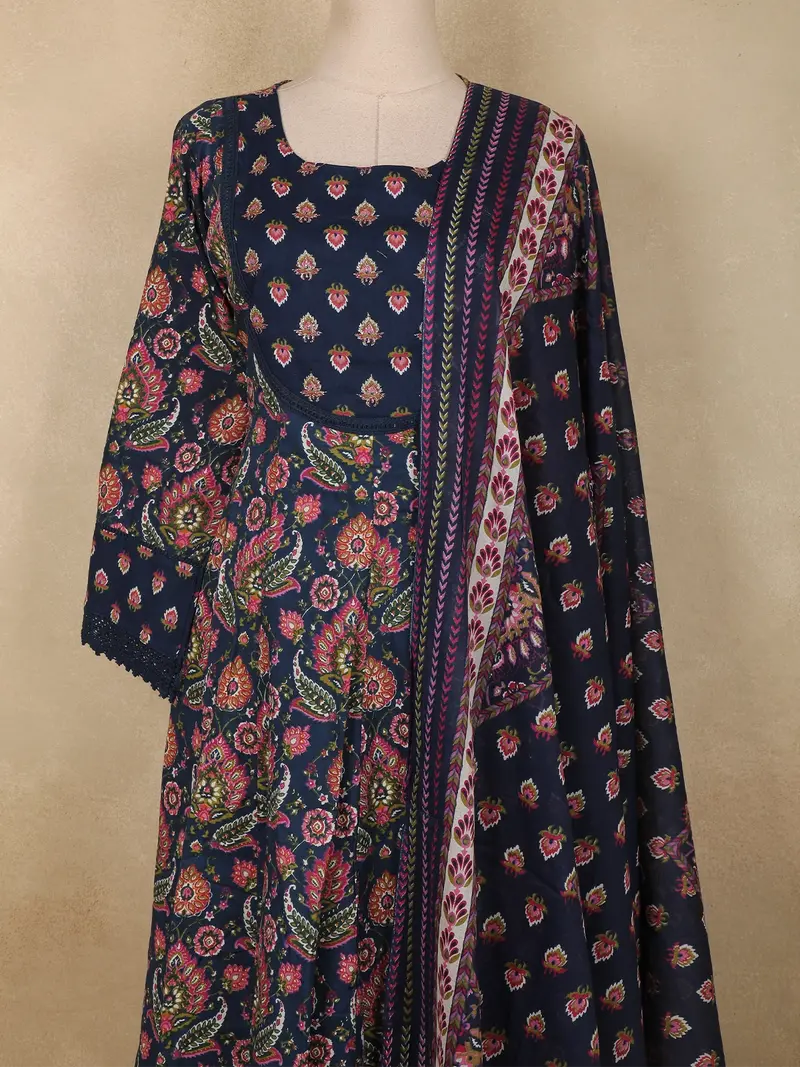 Navy Blue Paisley Printed Design Cotton Anarkali Salwar Suit With Dupatta 2