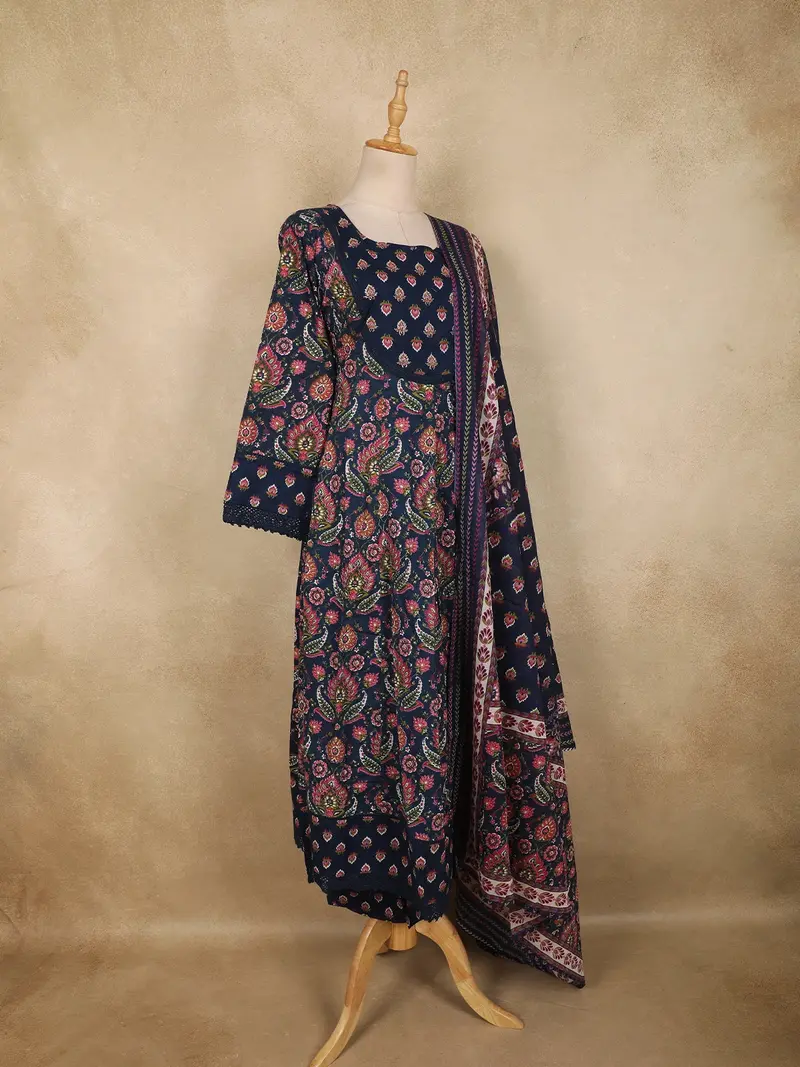 Navy Blue Paisley Printed Design Cotton Anarkali Salwar Suit With Dupatta 3