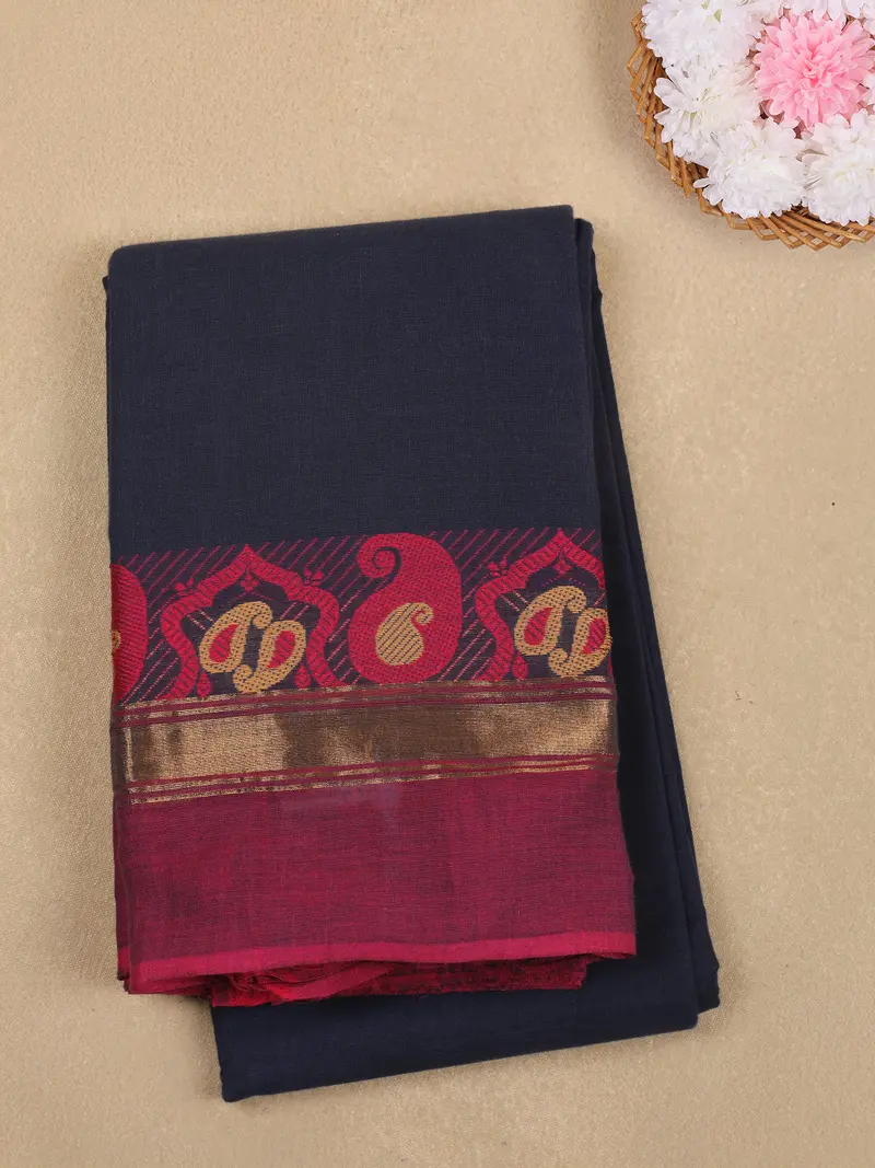 Navy Blue Paisley Woven Design Cotton Saree With Zari Border 1