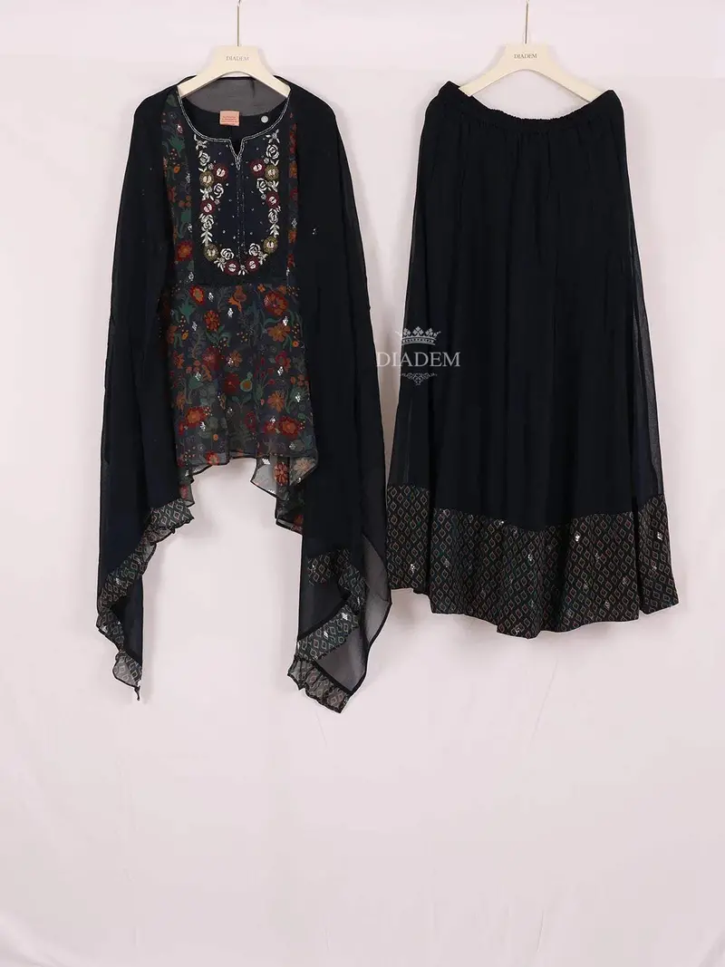 Navy Blue Palazzo Salwar Suit Adorned With Embroidery Floral Design With Dupatta 1