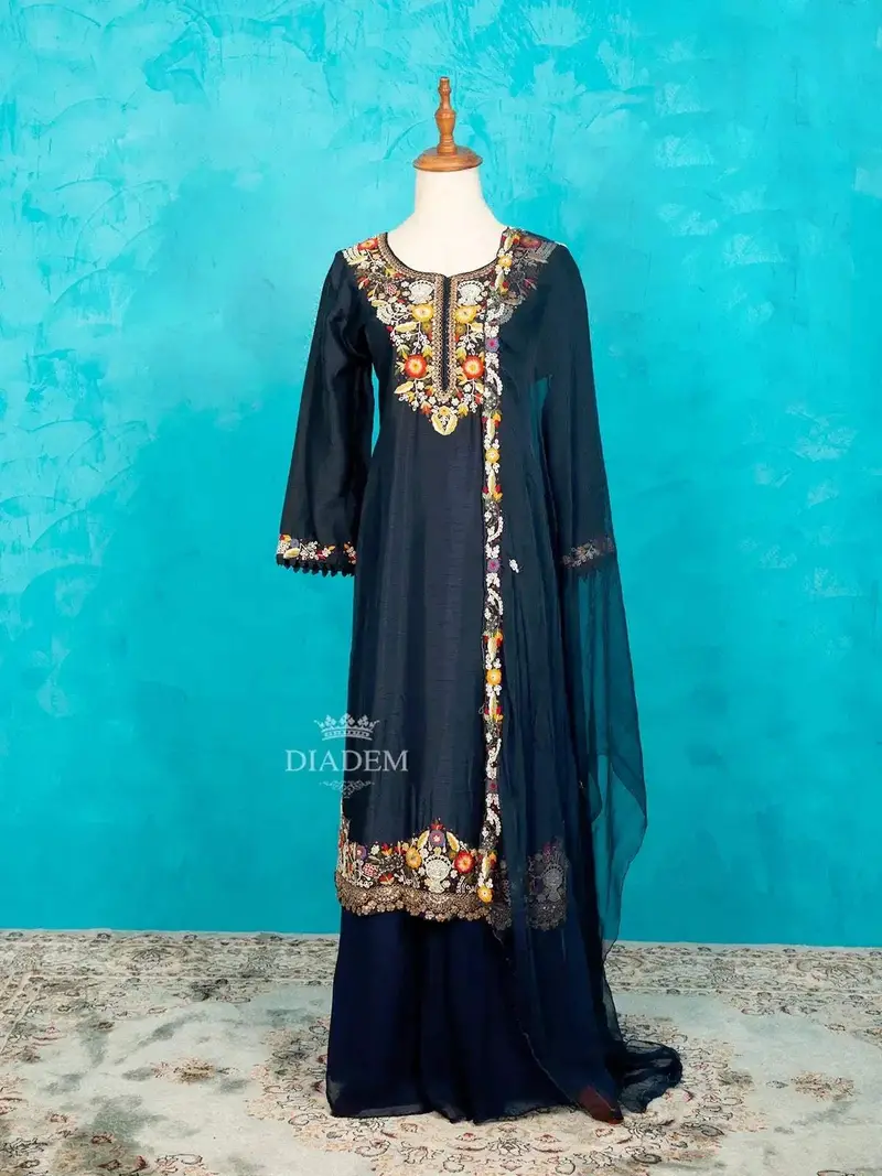 Navy Blue Palazzo Salwar Suit For Girls With Embroidery Kurta Along With Dupatta 1