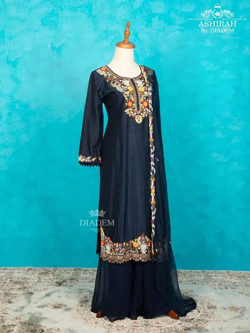 Navy Blue Palazzo Salwar Suit For Girls With Embroidery Kurta Along With Dupatta 2
