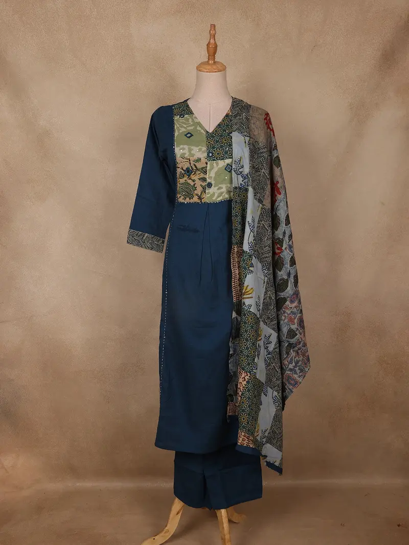 Navy Blue Patchwork Printed Cotton Salwar Suit With Dupatta 1