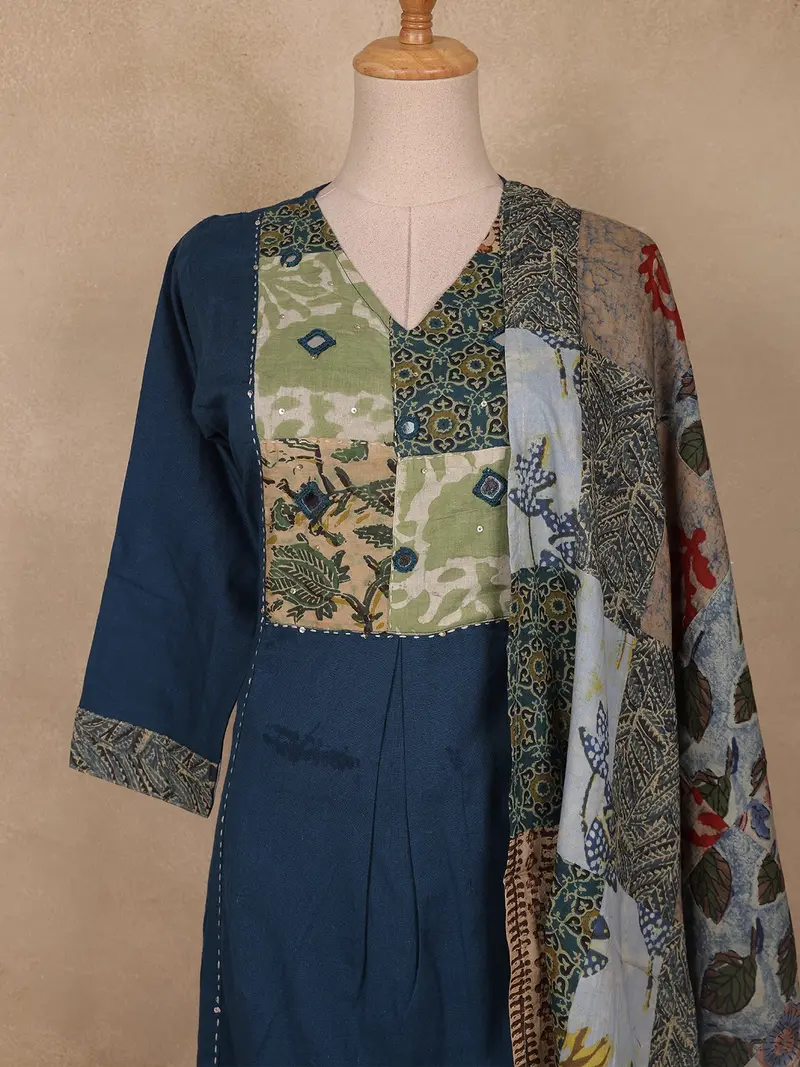 Navy Blue Patchwork Printed Cotton Salwar Suit With Dupatta 2