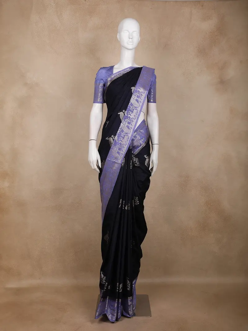 Navy Blue Peacock Woven Raw Silk Saree With Contrast Lavender Zari Border 1