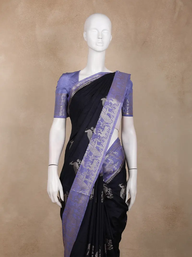 Navy Blue Peacock Woven Raw Silk Saree With Contrast Lavender Zari Border 2
