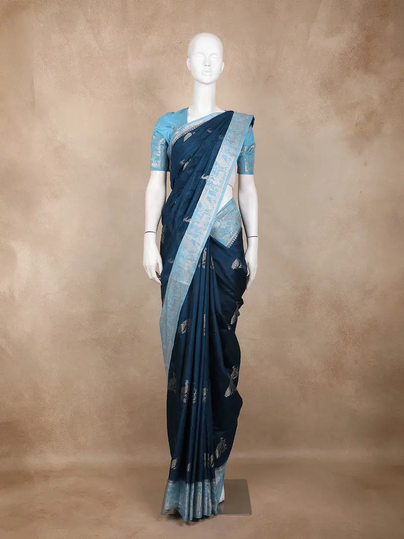 Navy Blue Peacock Woven Raw Silk Saree With Contrast Sky Blue Zari Border 1