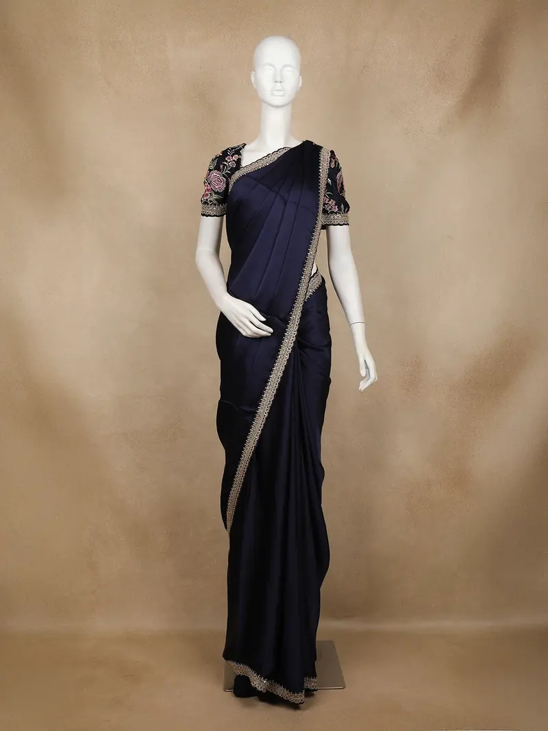 Navy Blue Plain Satin Saree With Sequin Lace Border 1