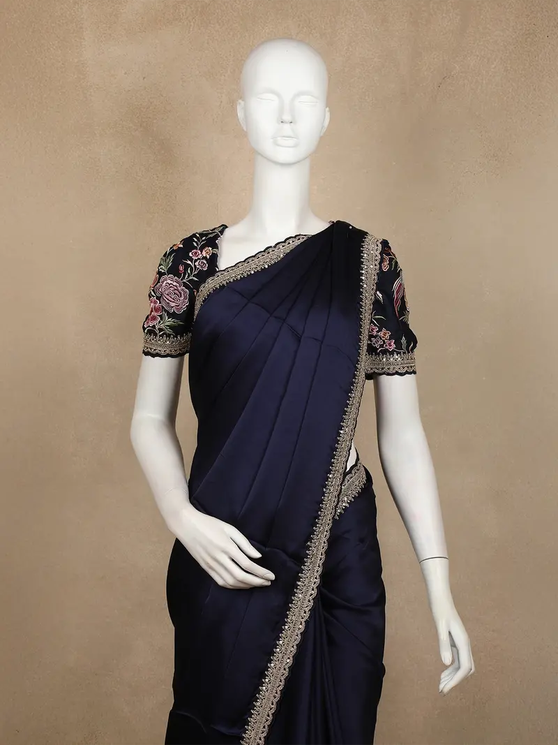 Navy Blue Plain Satin Saree With Sequin Lace Border 2