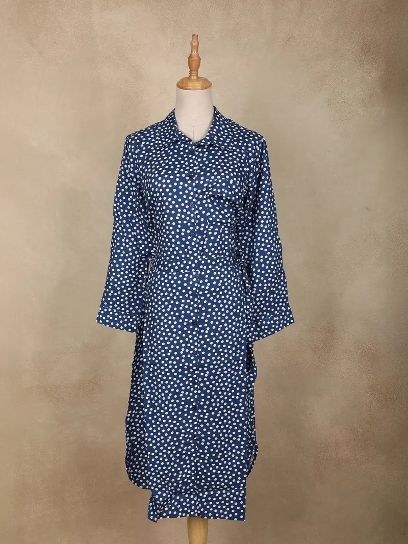Navy Blue Polka Dot Printed Cotton Kurti Top 2