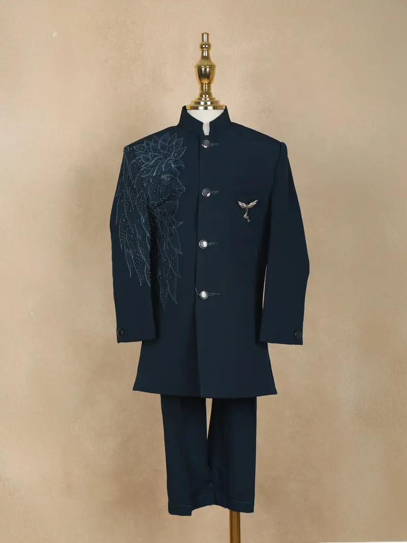 Navy Blue Polyester Lion Sequins Designed Sherwani And Pant Set 1