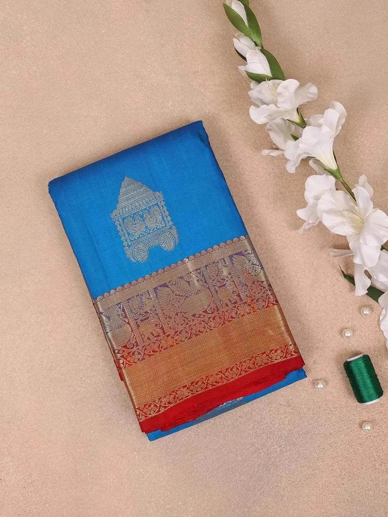 Navy Blue Pure Kanchipuram Bridal Silk Saree With Chariot Motifs On The Body With Zari Border 1