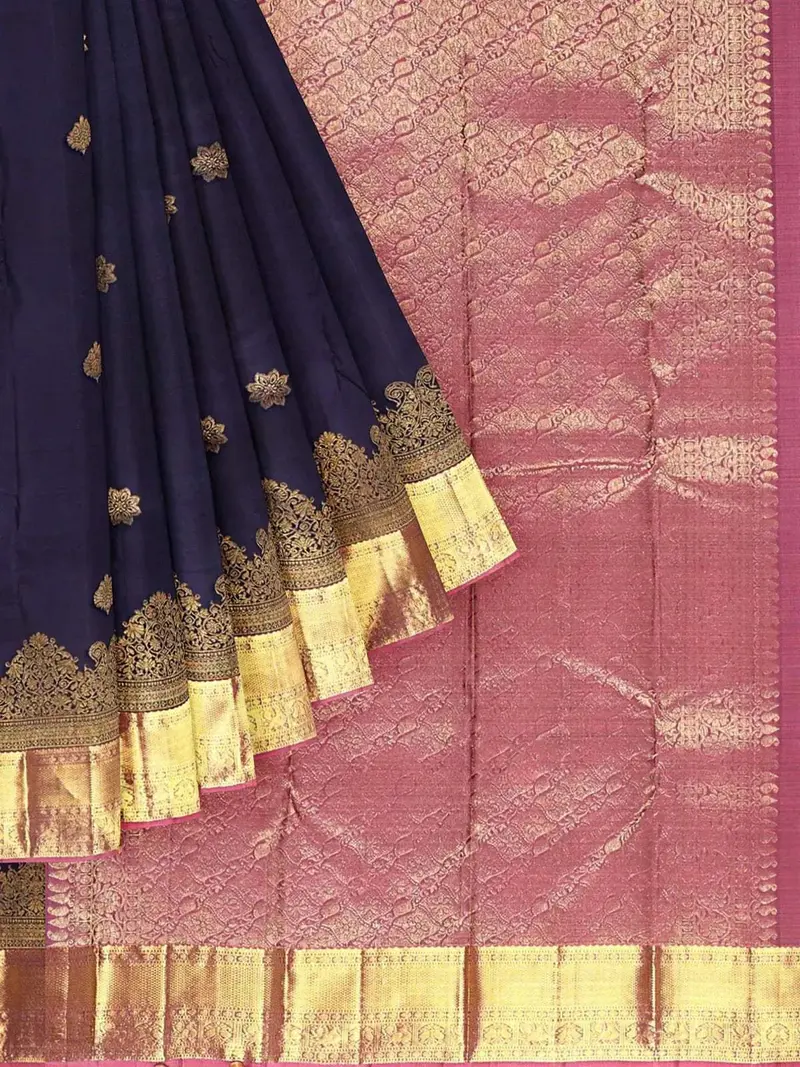 Navy Blue Pure Kanchipuram Bridal Silk Saree With Floral Motif On The Body And Zari Border 1