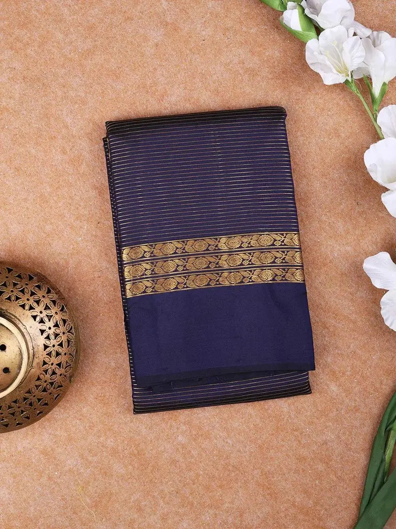 Navy Blue Pure Kanchipuram Bridal Silk Saree With Stripes Design On The Body With Zari Border 1