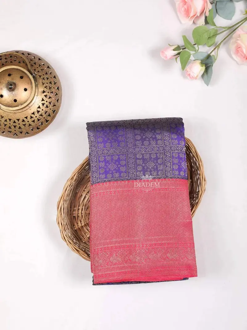 Navy Blue Pure Kanchipuram Bridal Silk Saree With Zari Brocade On The Body And Contrast Zari Border 1