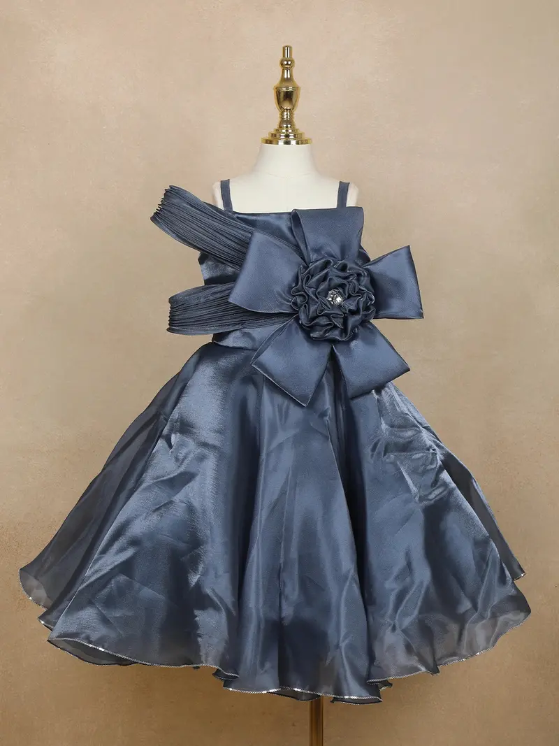 Navy Blue Satin Oversized 3D Flower Party Frock For Girls 1