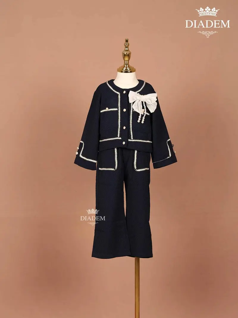 Navy Blue Seersucker Palazzo Suit With Attached Bow 1