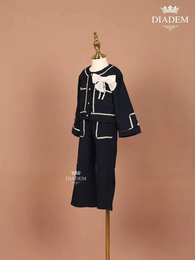 Navy Blue Seersucker Palazzo Suit With Attached Bow 2