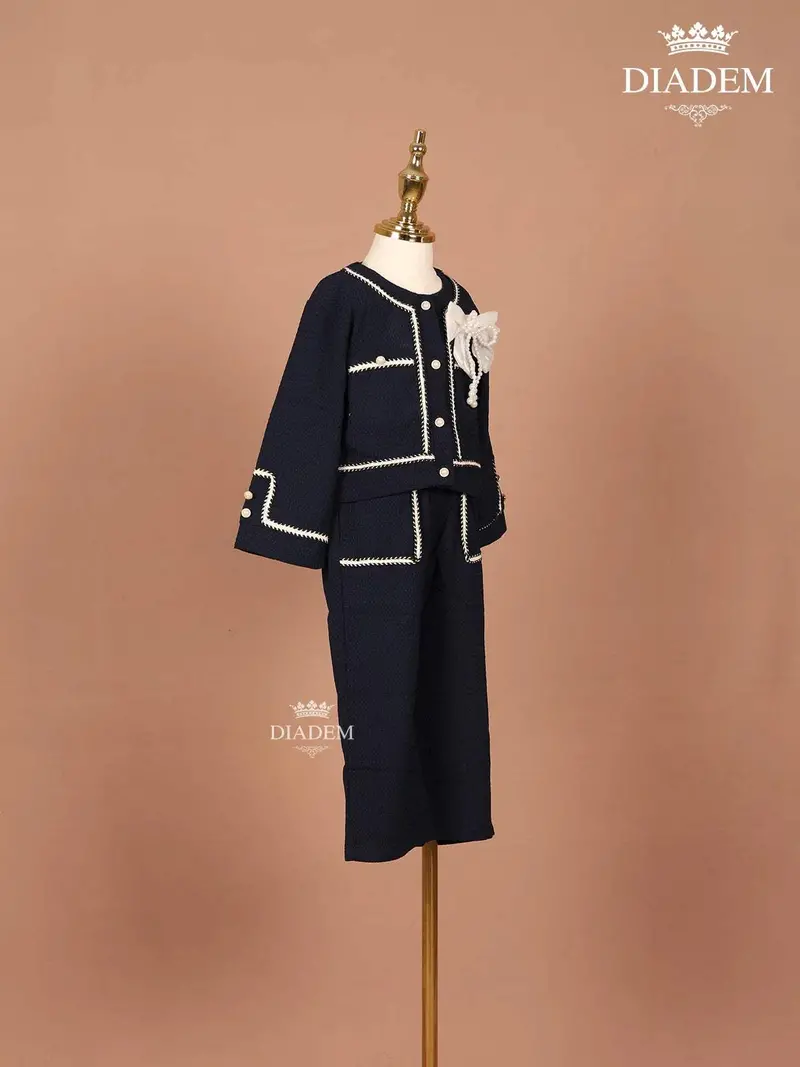 Navy Blue Seersucker Palazzo Suit With Attached Bow 3
