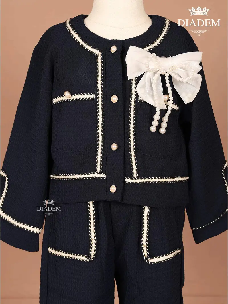 Navy Blue Seersucker Palazzo Suit With Attached Bow 4