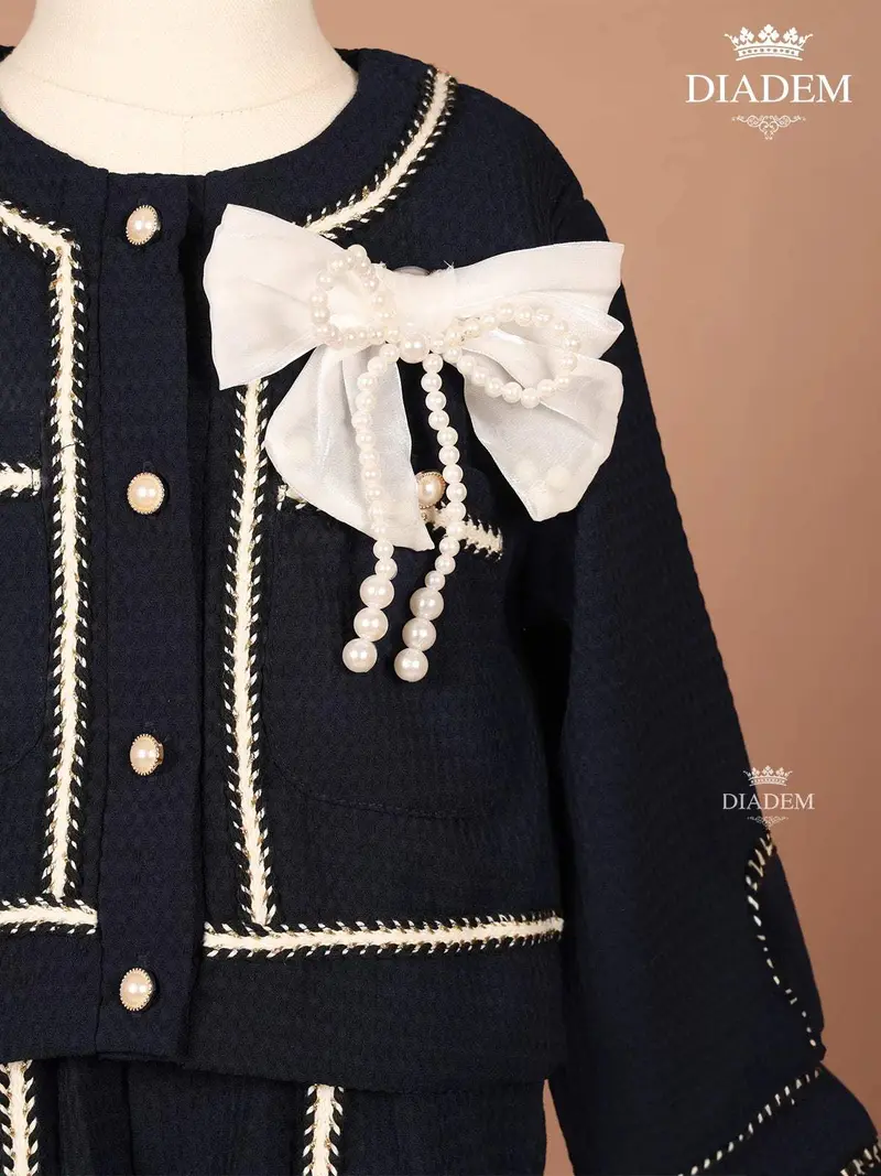 Navy Blue Seersucker Palazzo Suit With Attached Bow 5