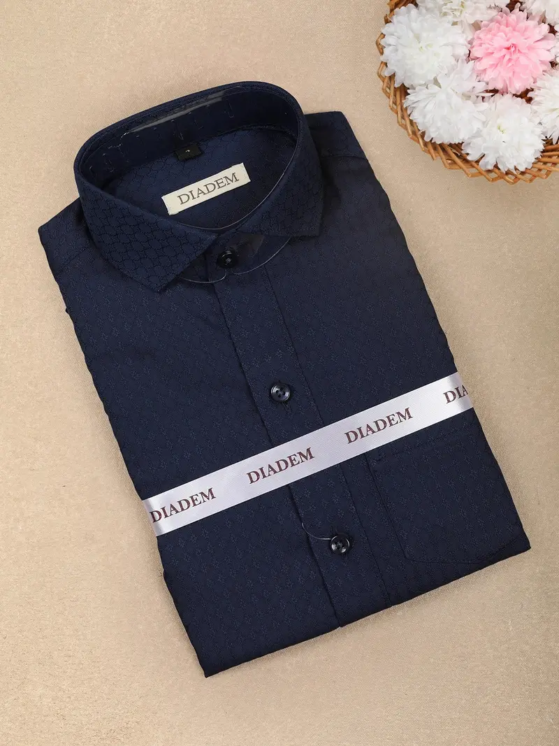 Navy Blue Self-Textured Design Full Sleeve Cotton Kids Shirt 1