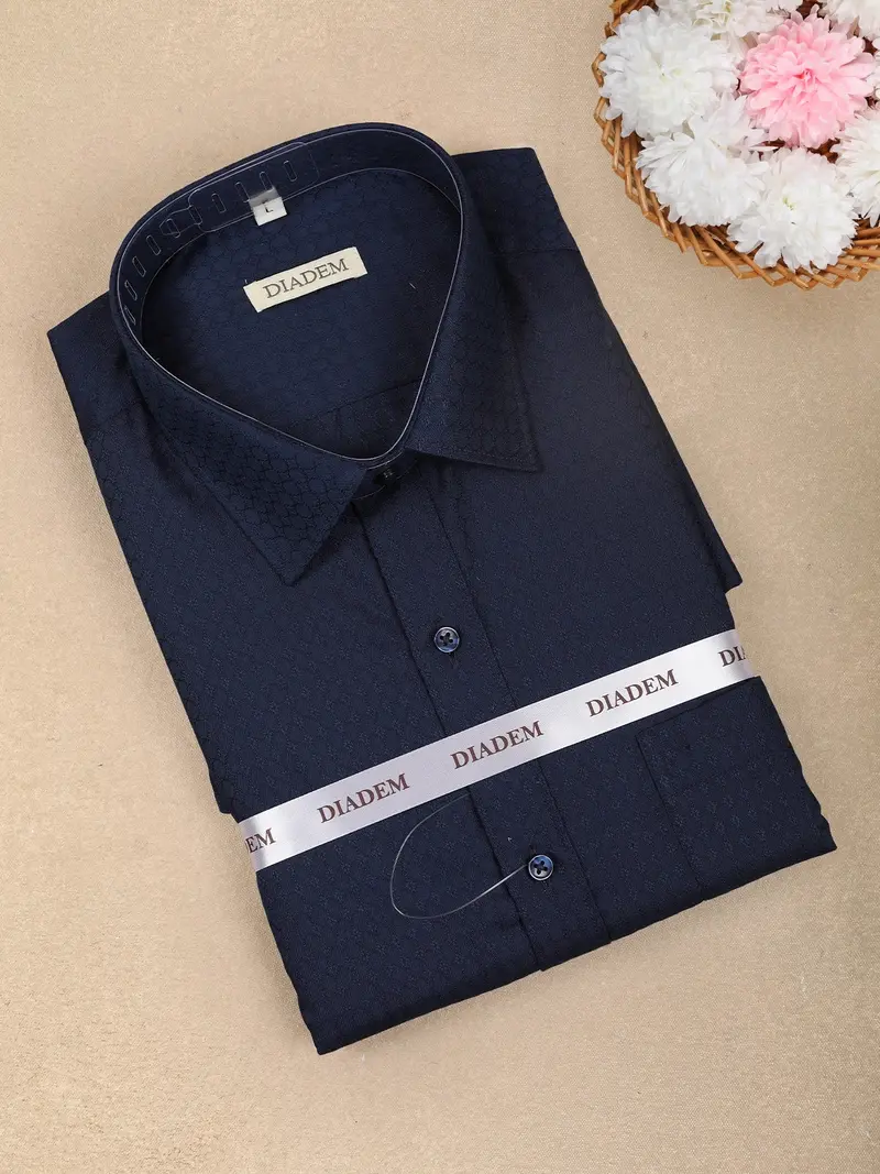 Navy Blue Self-Textured Design Full Sleeve Cotton Men's Shirt 1