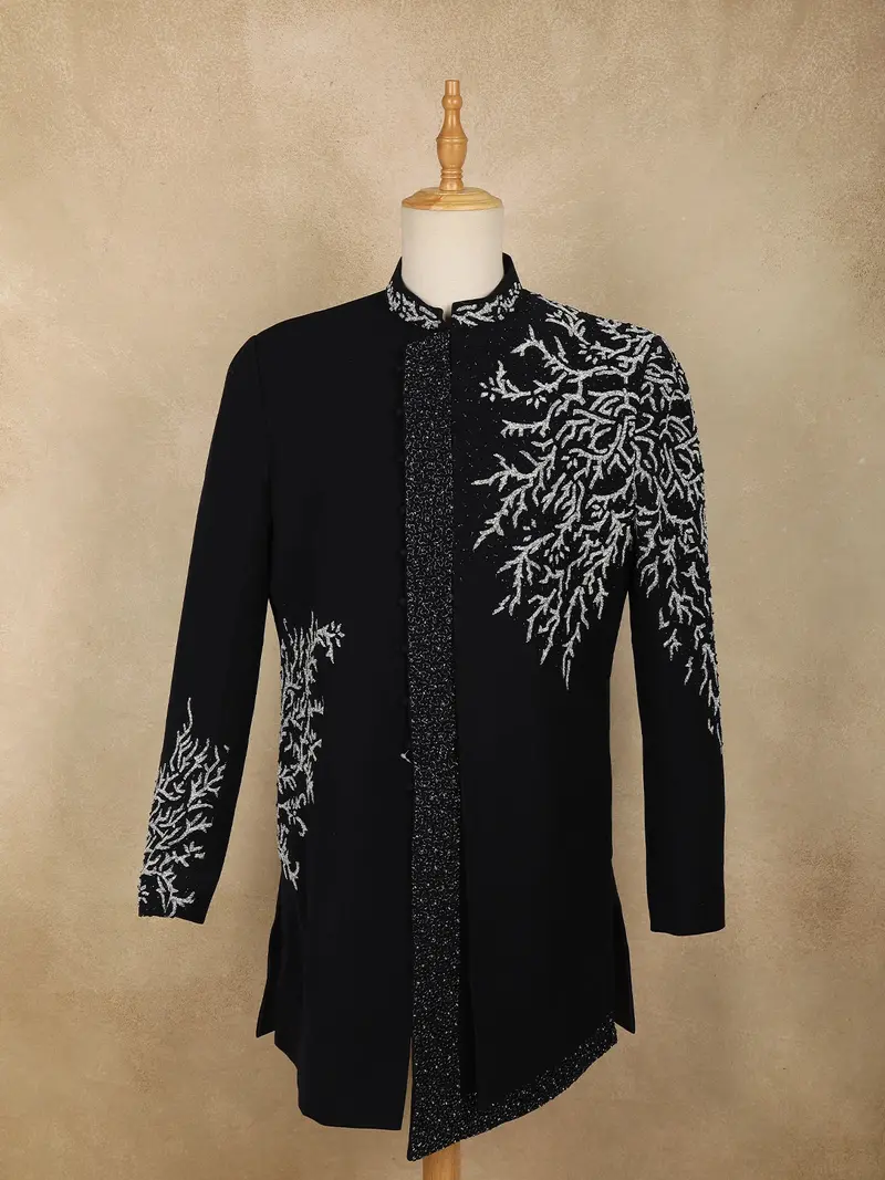 Navy Blue Sequins And Beads Embroidered Design Polynosic Sherwani Suit 1