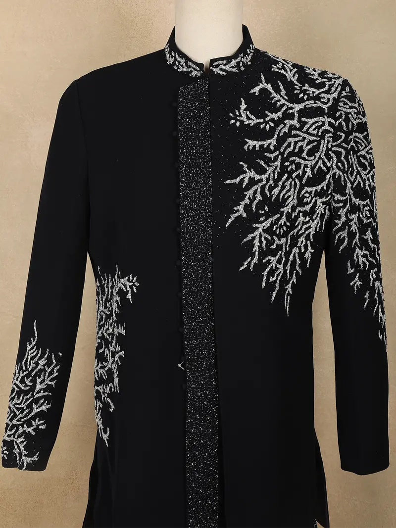 Navy Blue Sequins And Beads Embroidered Design Polynosic Sherwani Suit 2