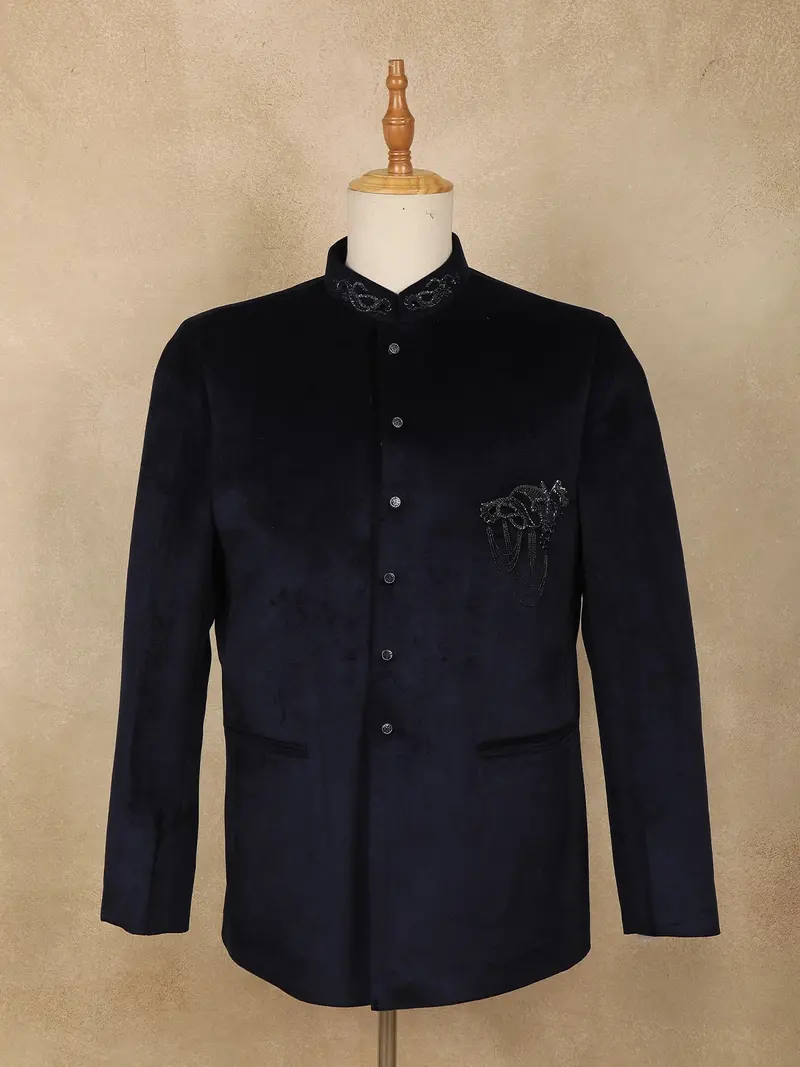 Navy Blue Sequins And Beads Embroidered Design Velvet Men’S Suit 1