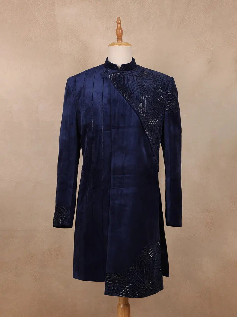 Navy Blue Sequins Design Asymmetrical Velvet Sherwani Suit 1