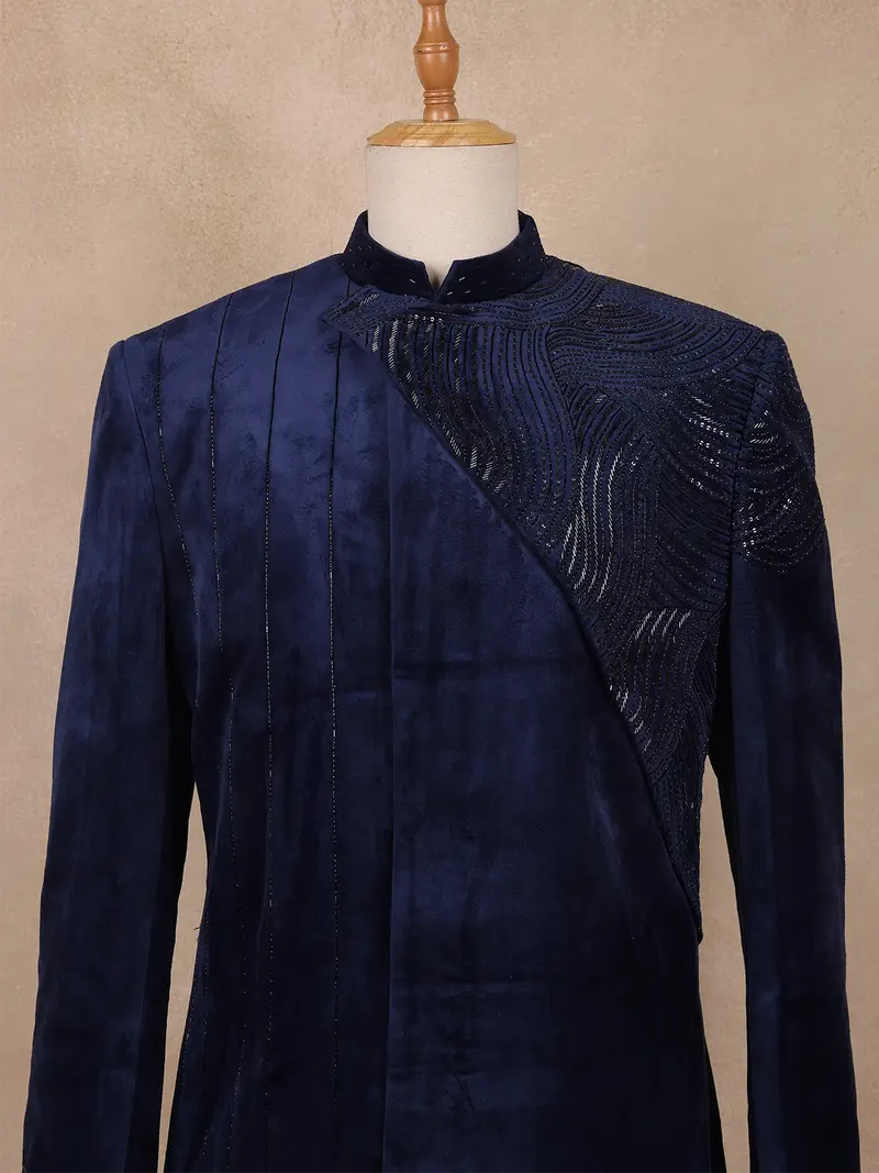 Navy Blue Sequins Design Asymmetrical Velvet Sherwani Suit 2