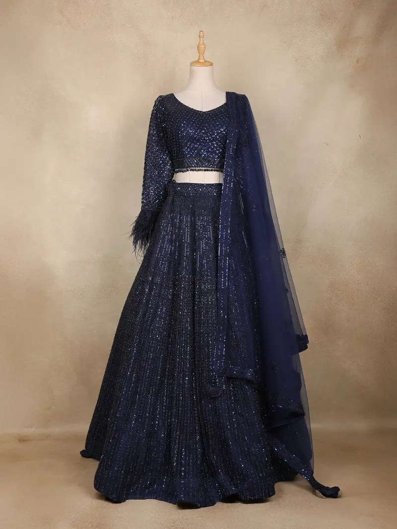 Navy Blue Sequins Design Lehenga Set With Net Dupatta 1
