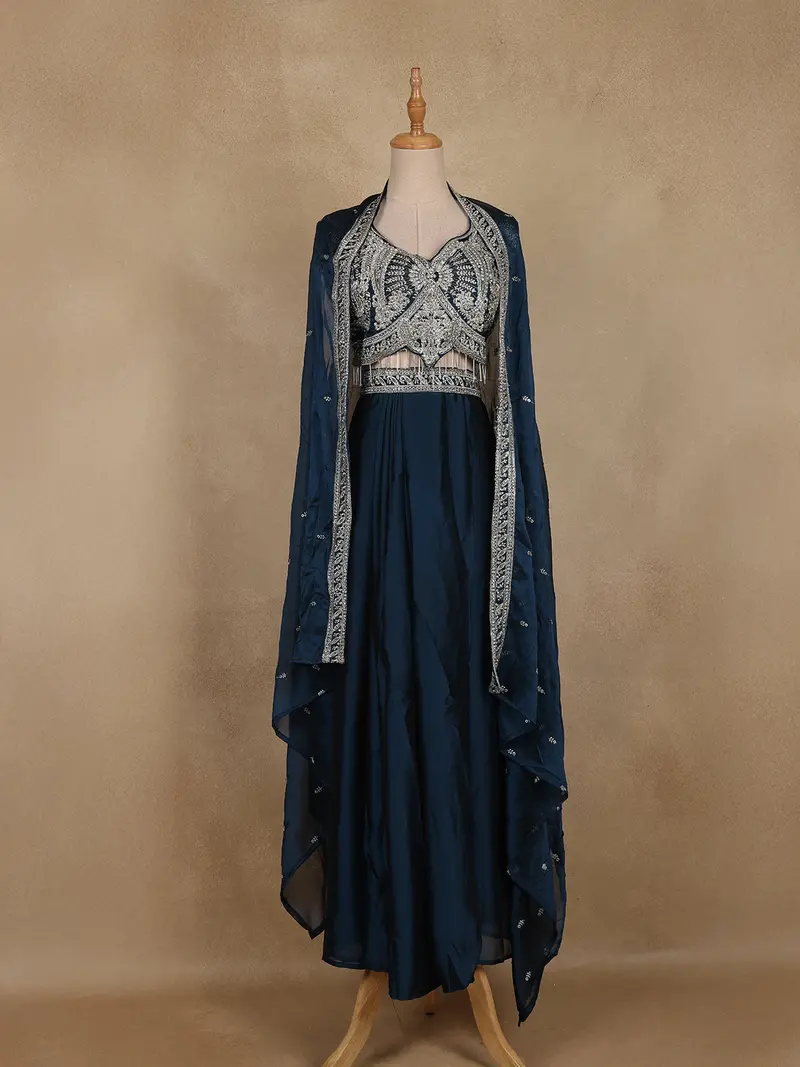 Navy Blue Sequins Design Organza Skirt Top With Dupatta 1