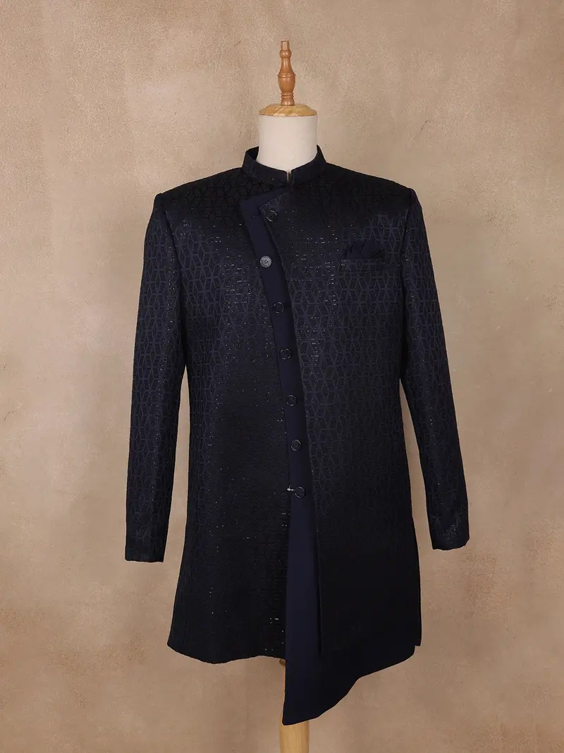 Navy Blue Sequins Design Polynosic Sherwani Suit With Asymmetric Overlap Button Closure 1