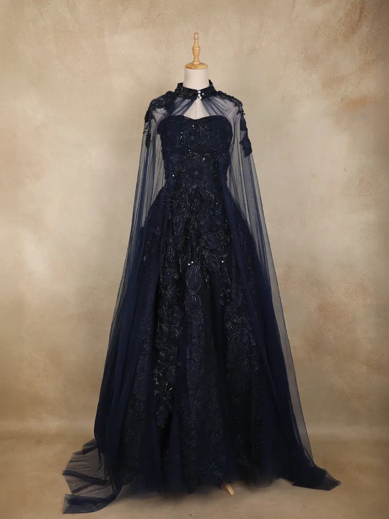 Navy Blue Sequins Embellished Design Net Partywear Gown With Cape Sleeves 1