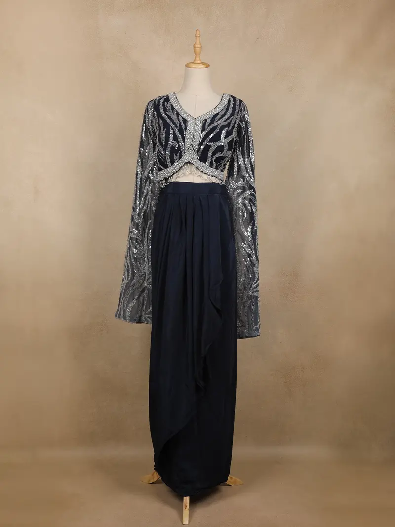 Navy Blue Sequins Embroidered Crepe Silk Skirt Top 1