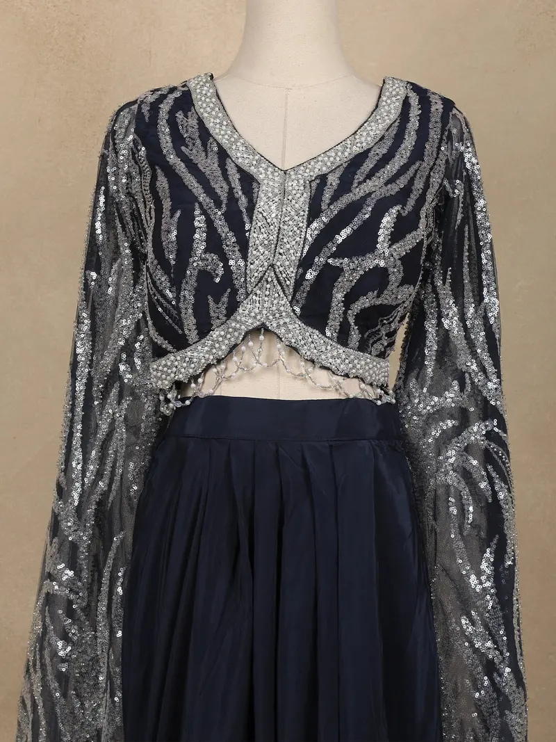 Navy Blue Sequins Embroidered Crepe Silk Skirt Top 2