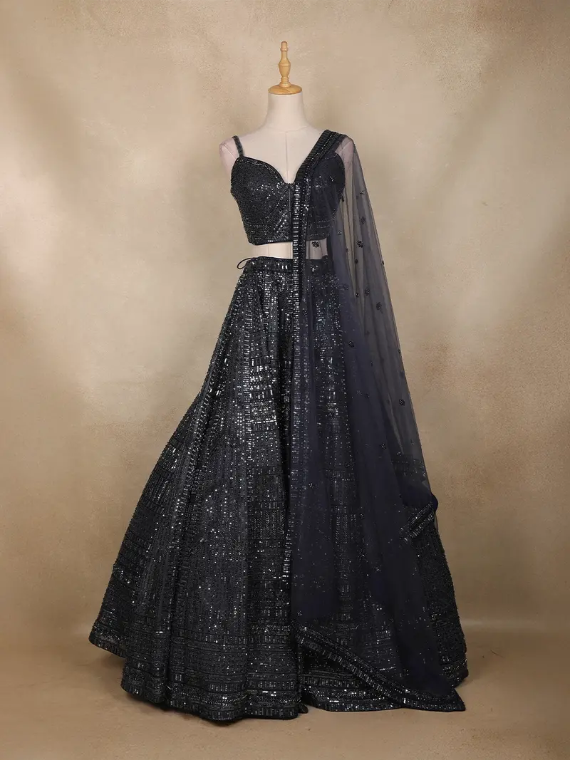 Navy Blue Sequins Embroidered Designer Lehenga Set With Net Dupatta 1